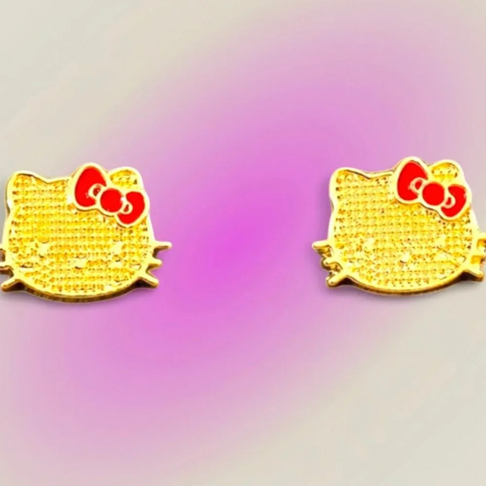NEW - HELLO KITTY ZINC ALLOY COLORED GOLD/RED STUD EARRINGS - Picture 2 of 4